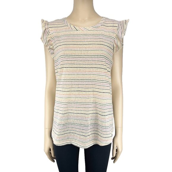 KIM & CAMI Sparkly Knitted Striped Rainbow Ruffles Sleeves White T-shirt Size XL - Picture 2 of 9
